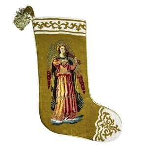 VTG Angel Needlepoint Stocking Peking Handicraft 1991 Velvet Back 19" Gold